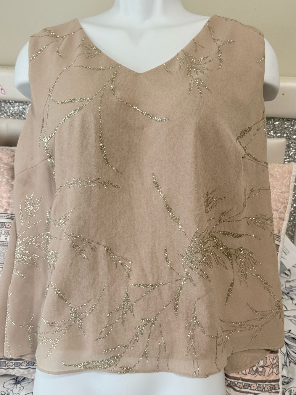 Dana Kay Beige Midi Dress with Gold Glitter Floral Accents
